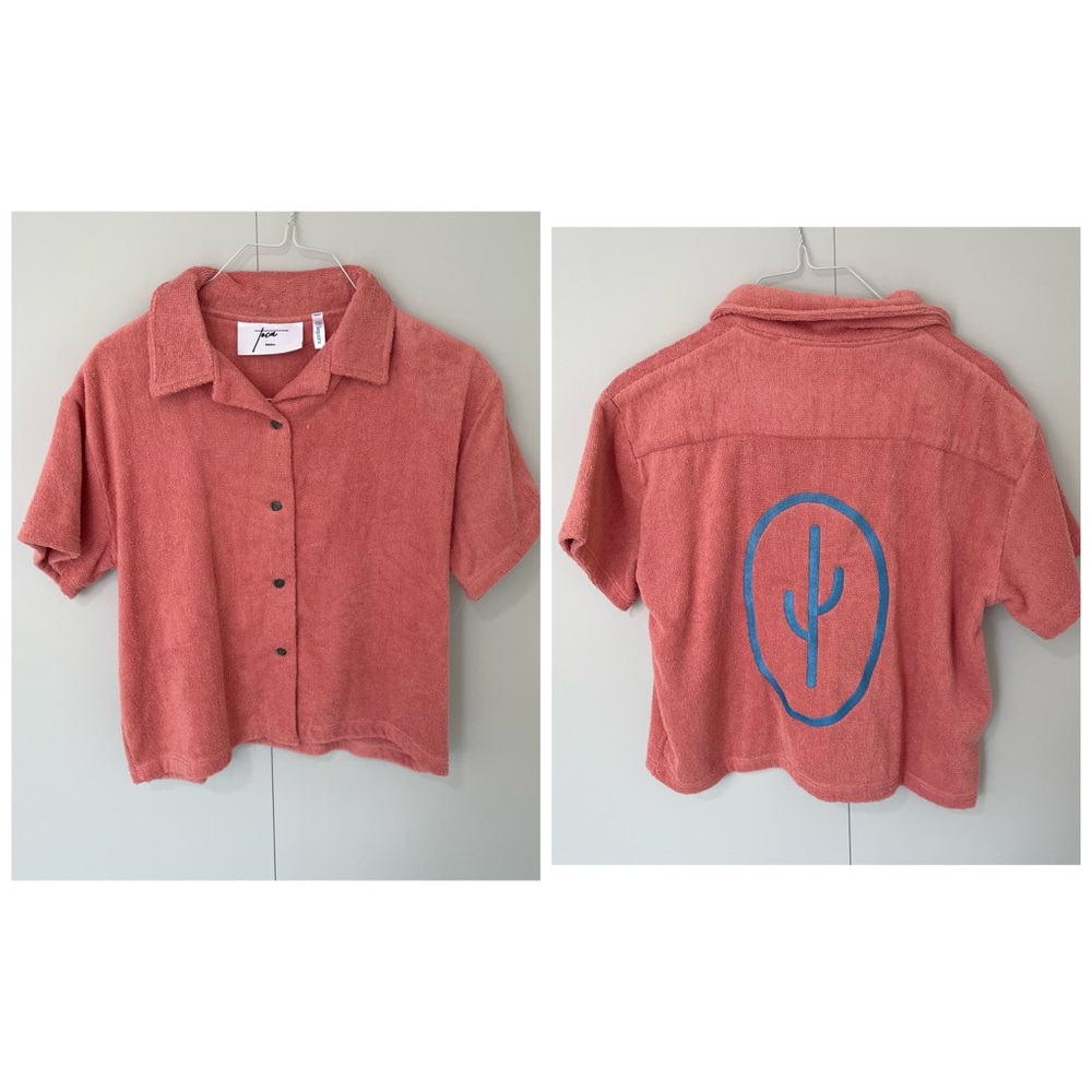 TOCA Terry Cloth Cropped Shirt with Embroidered Saguaro Cactus